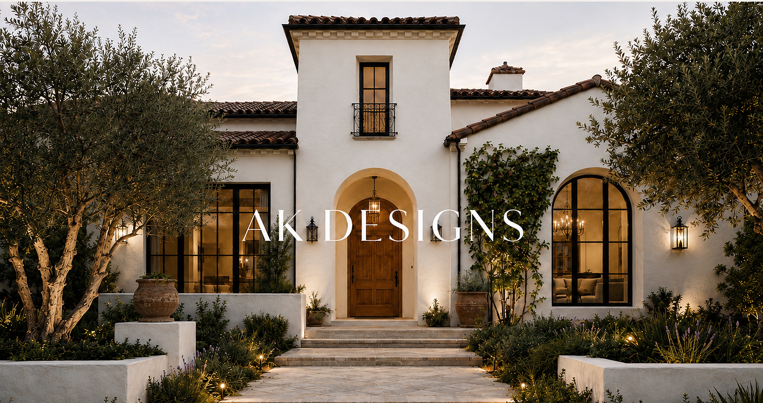 Contemporary Spanish Revival residence at dusk
